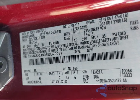 2014 Ford Escape Titanium z USA, uszkodzony, nr VIN 1FMCU0J99EUD79087